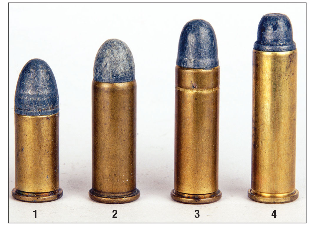 This photo shows the progression of one series of cartridges: (1) .38 Colt (Short), (2) .38 Colt (Long), (3) .38 S&W Special and (4) .357 Magnum.